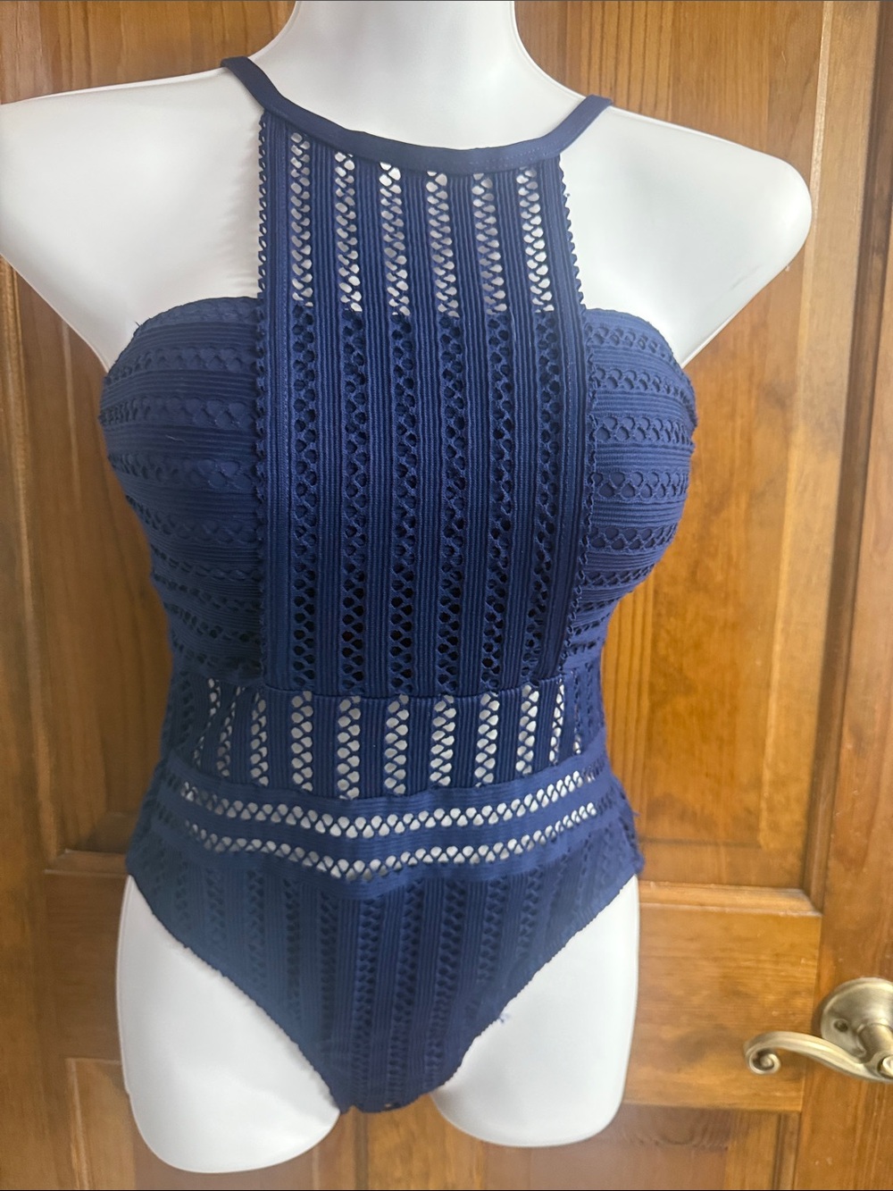 Kenneth Cole Navy Crochet Halter One-Piece swimsuit